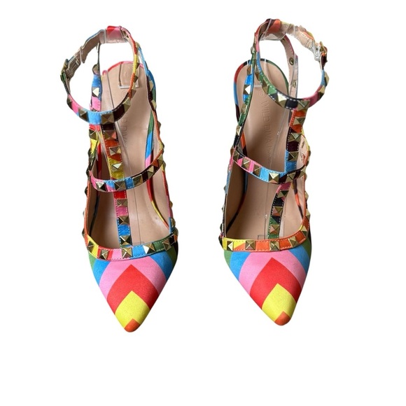 Wild Diva Striped Studded High Heel Pointed Toe Pumps Size 5.5 Rainbow Pride EUC - Picture 2 of 9